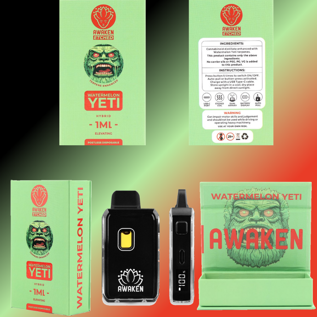 Awaken® Etched Disposable Vape 1ml - Watermelon Yeti (Hybrid)